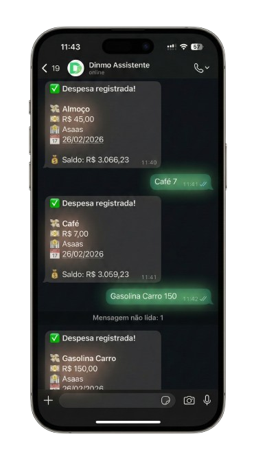 Assistente financeiro Dinmo via WhatsApp - registre despesas por mensagem